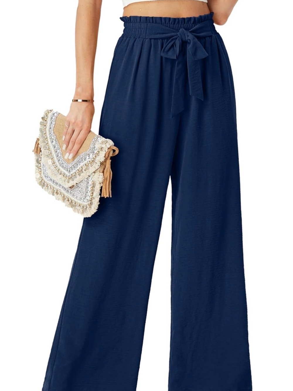 Large High-Waist Navy Wide-Leg Pants with Tie Waist